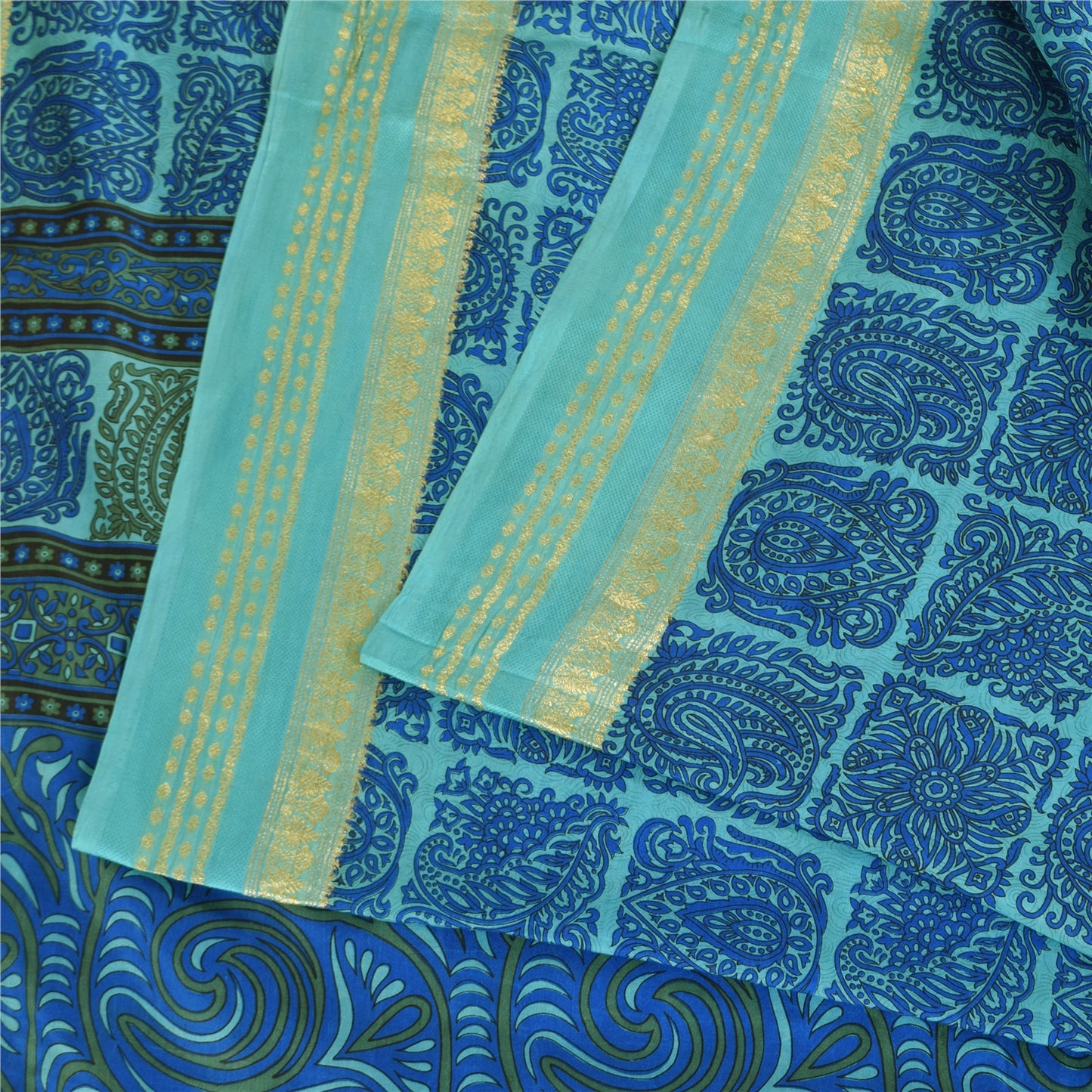 Sanskriti Vintage Sarees Blue Zari Border Pure Silk Print Sari 5+yd Craft Fabric