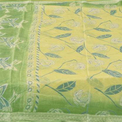 Sanskriti Vintage Sarees Lemon/Green Pure Silk Printed Sari 5+yd Craft Fabric