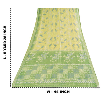 Sanskriti Vintage Sarees Lemon/Green Pure Silk Printed Sari 5+yd Craft Fabric