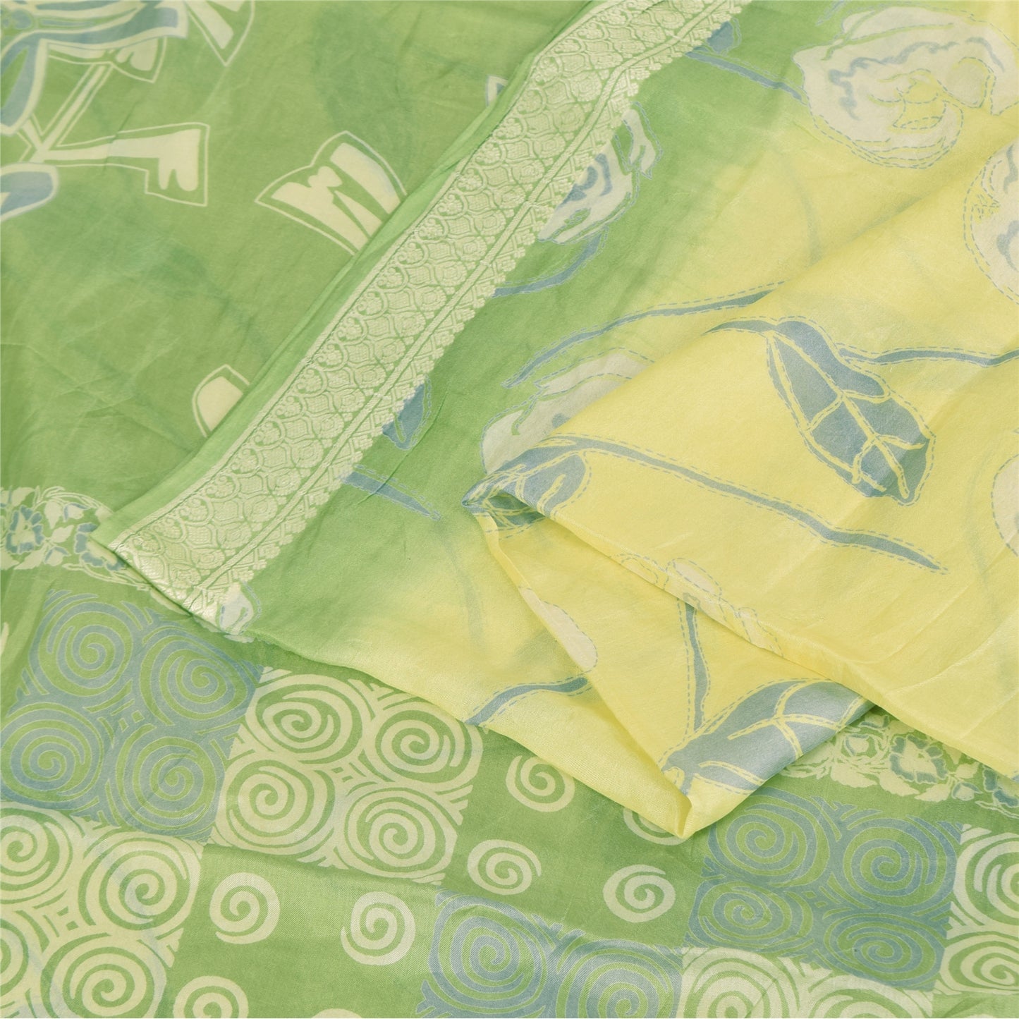 Sanskriti Vintage Sarees Lemon/Green Pure Silk Printed Sari 5+yd Craft Fabric