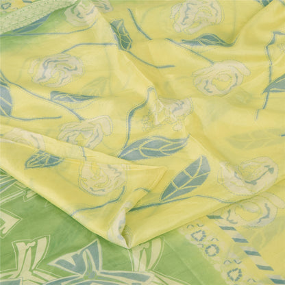 Sanskriti Vintage Sarees Lemon/Green Pure Silk Printed Sari 5+yd Craft Fabric