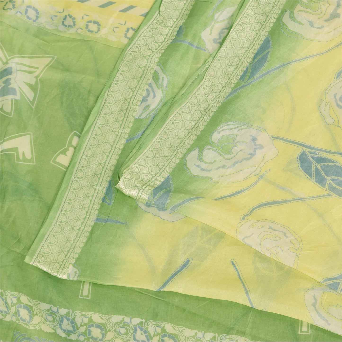 Sanskriti Vintage Sarees Lemon/Green Pure Silk Printed Sari 5+yd Craft Fabric