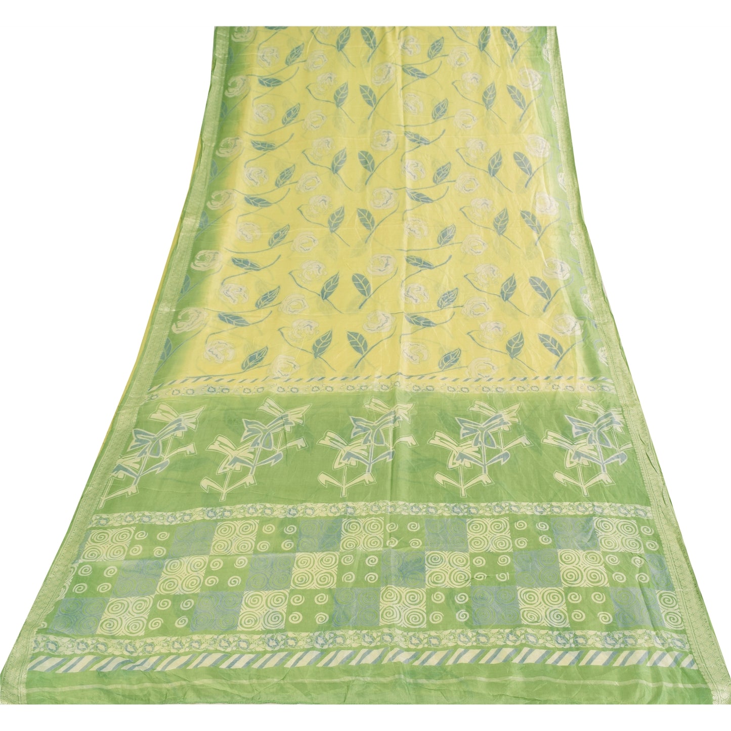 Sanskriti Vintage Sarees Lemon/Green Pure Silk Printed Sari 5+yd Craft Fabric