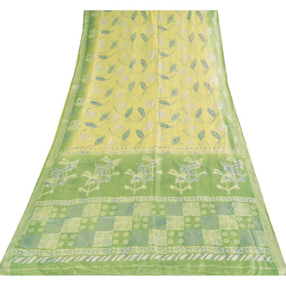 Sanskriti Vintage Sarees Lemon/Green Pure Silk Printed Sari 5+yd Craft Fabric