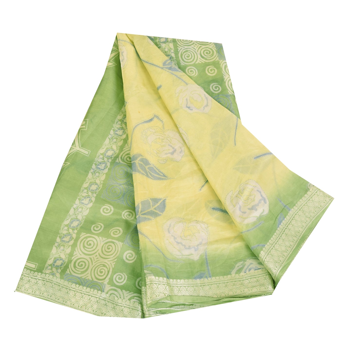 Sanskriti Vintage Sarees Lemon/Green Pure Silk Printed Sari 5+yd Craft Fabric