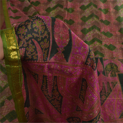 Sanskriti Vintage Sarees Pink/Green Zari Border Pure Silk Print Sari 6+yd Fabric