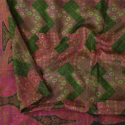 Sanskriti Vintage Sarees Pink/Green Zari Border Pure Silk Print Sari 6+yd Fabric