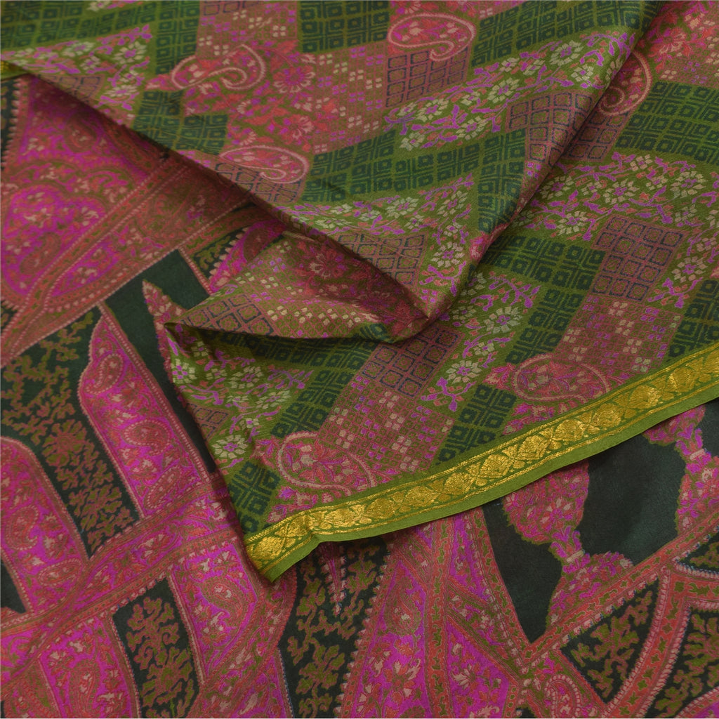 Sanskriti Vintage Sarees Pink/Green Zari Border Pure Silk Print Sari 6+yd Fabric