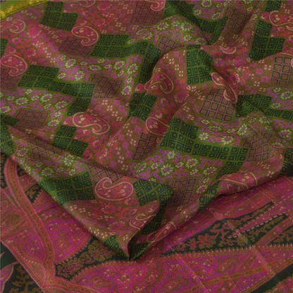 Sanskriti Vintage Sarees Pink/Green Zari Border Pure Silk Print Sari 6+yd Fabric