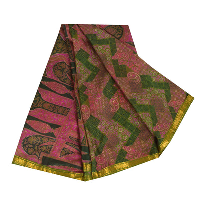 Sanskriti Vintage Sarees Pink/Green Zari Border Pure Silk Print Sari 6+yd Fabric