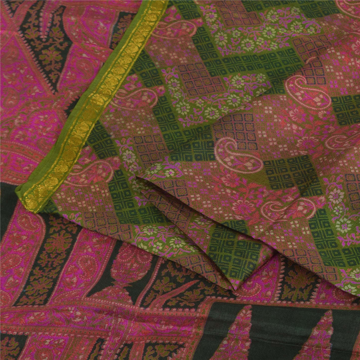 Sanskriti Vintage Sarees Pink/Green Zari Border Pure Silk Print Sari 6+yd Fabric