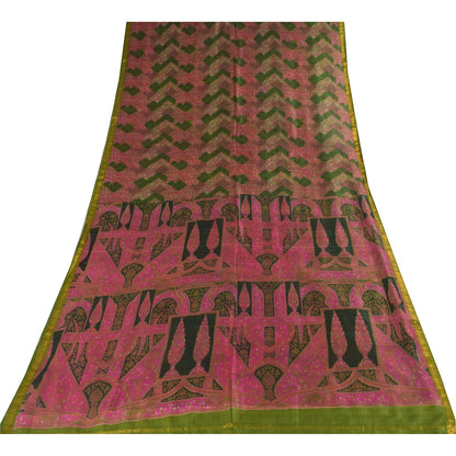 Sanskriti Vintage Sarees Pink/Green Zari Border Pure Silk Print Sari 6+yd Fabric