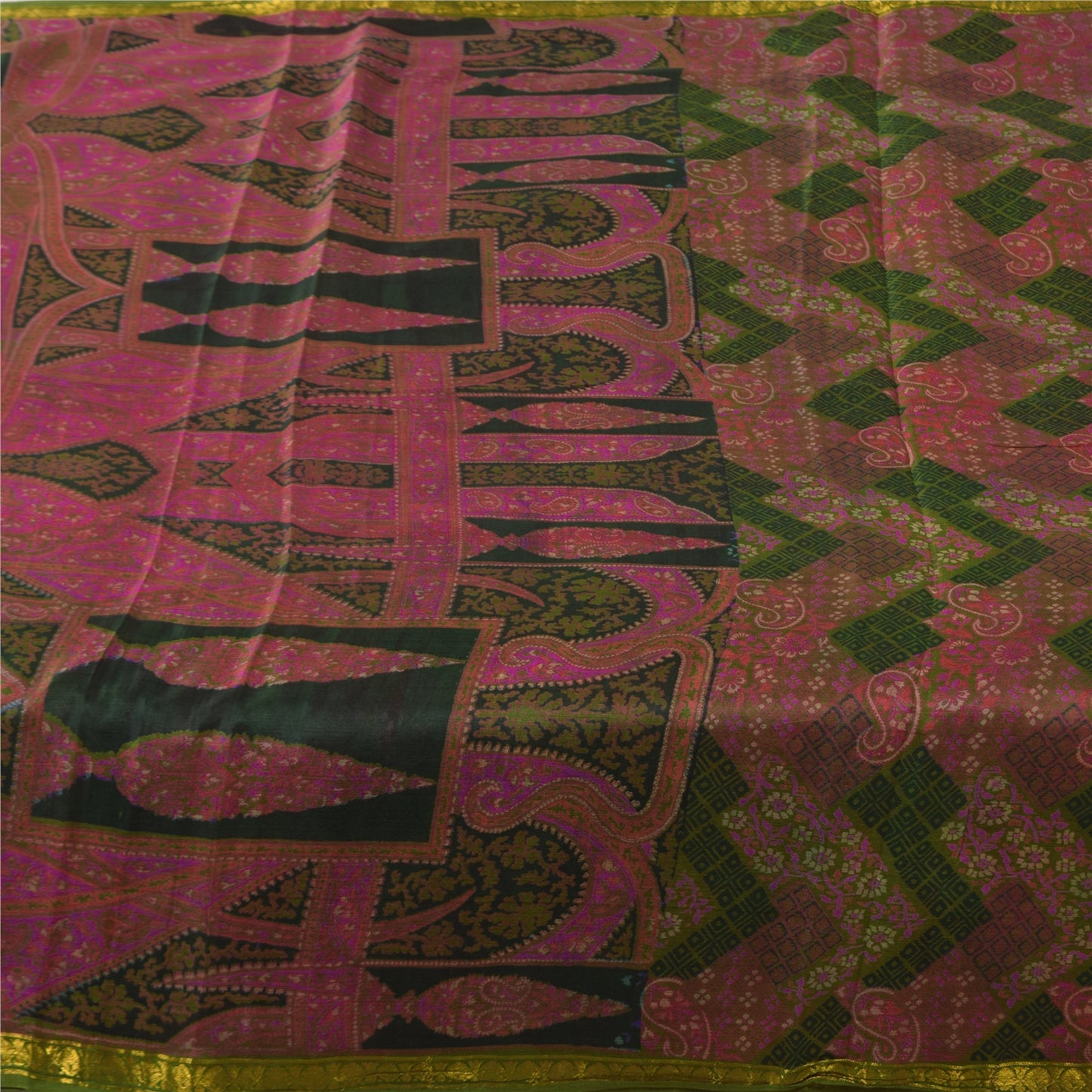 Sanskriti Vintage Sarees Pink/Green Zari Border Pure Silk Print Sari 6+yd Fabric