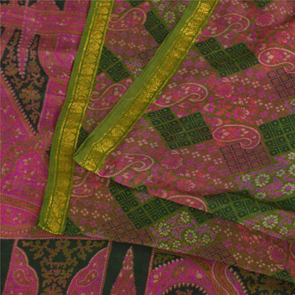 Sanskriti Vintage Sarees Pink/Green Zari Border Pure Silk Print Sari 6+yd Fabric