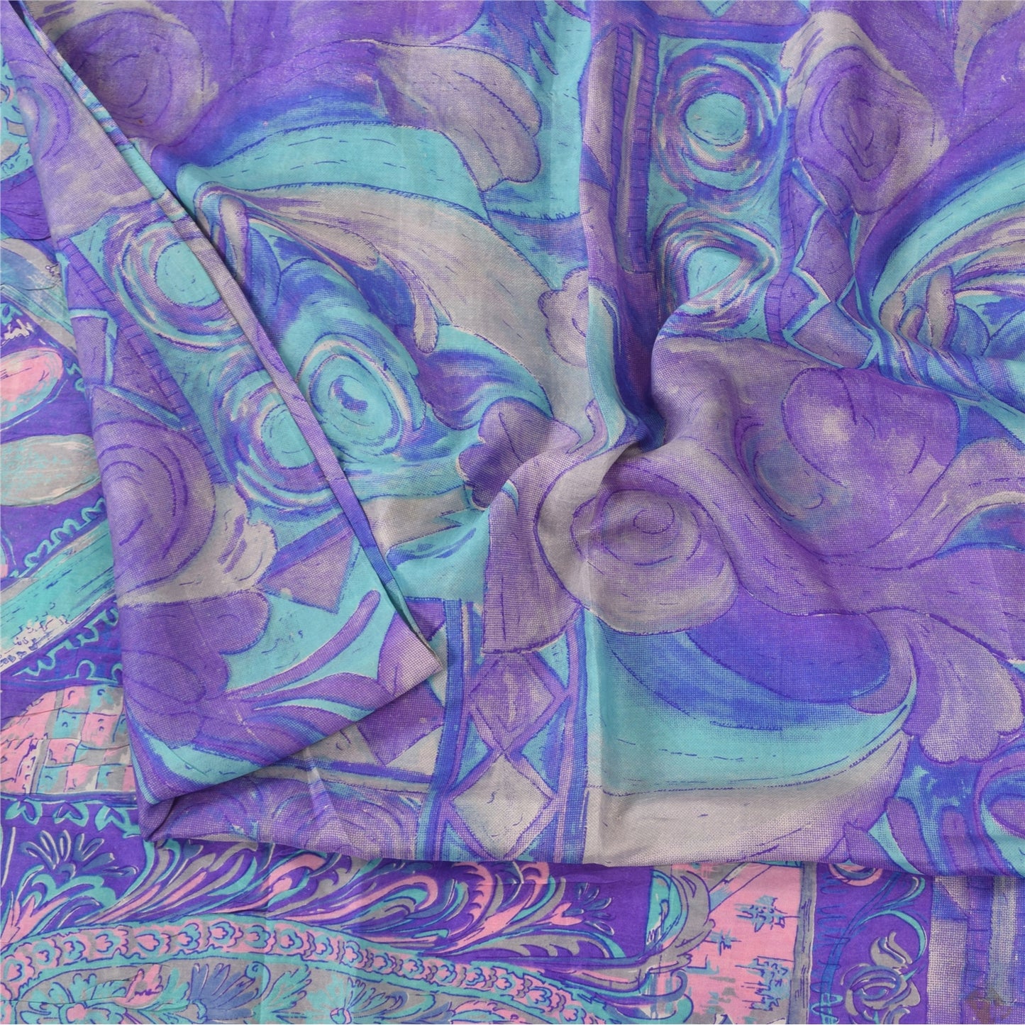 Sanskriti Vintage Sarees Purple Indian Pure Silk Printed Sari 6+yd Craft Fabric