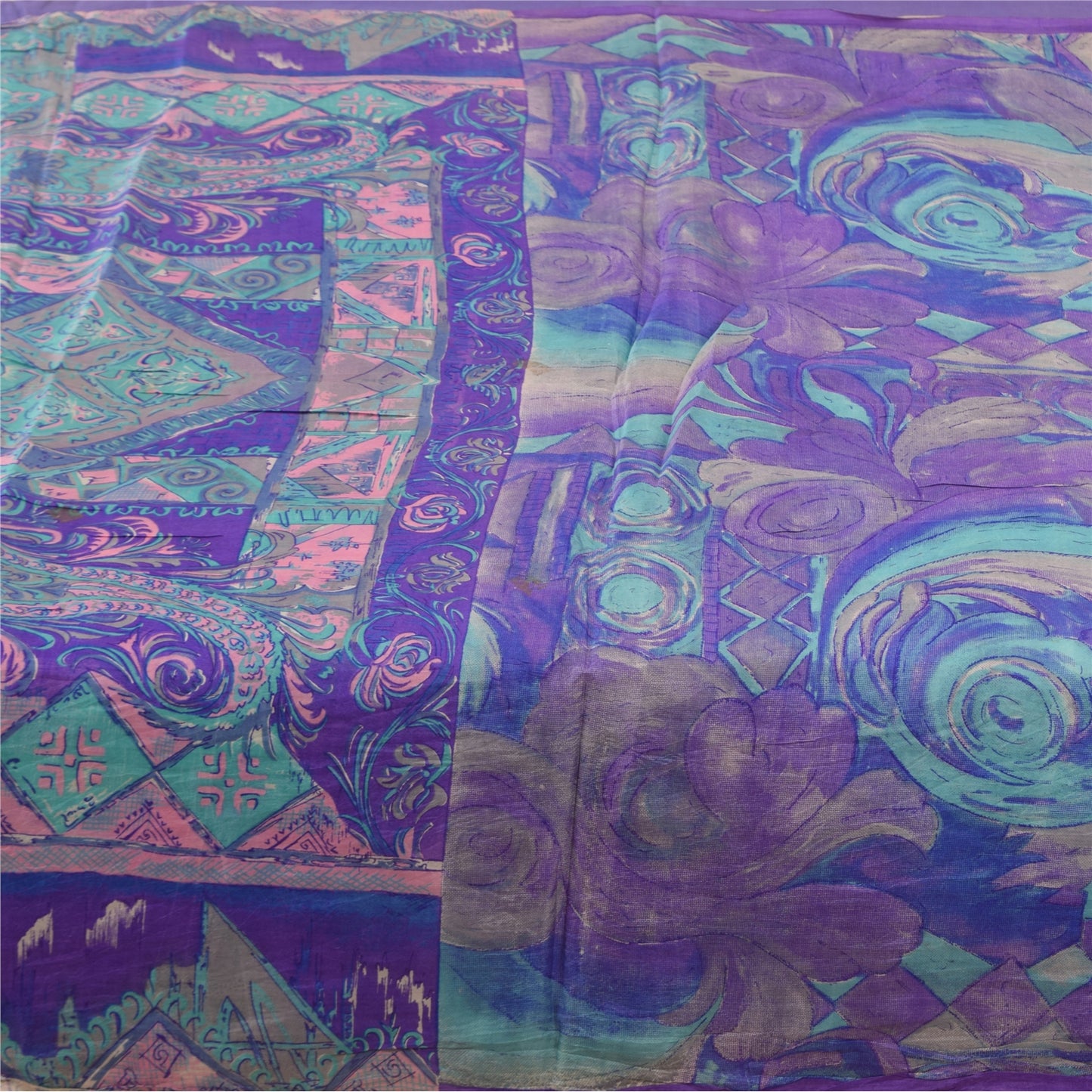 Sanskriti Vintage Sarees Purple Indian Pure Silk Printed Sari 6+yd Craft Fabric