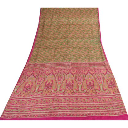 Sanskriti Vintage Sarees Green/Pink Pure Silk Printed Sari 6+yd Craft Fabric