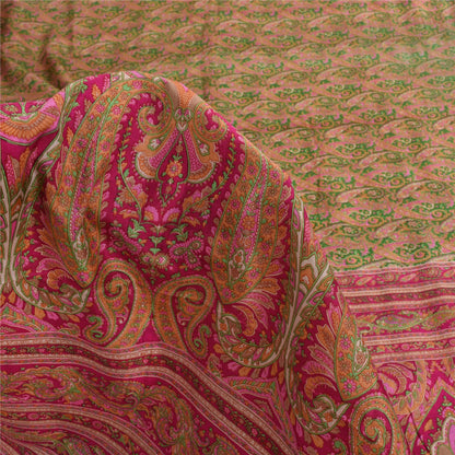 Sanskriti Vintage Sarees Green/Pink Pure Silk Printed Sari 6+yd Craft Fabric