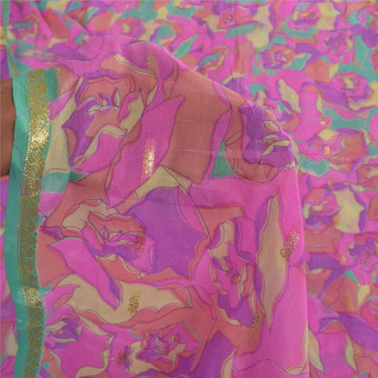 Sanskriti Vintage Sarees Pink Pure Chinon Silk Printed Woven Sari Craft Fabric