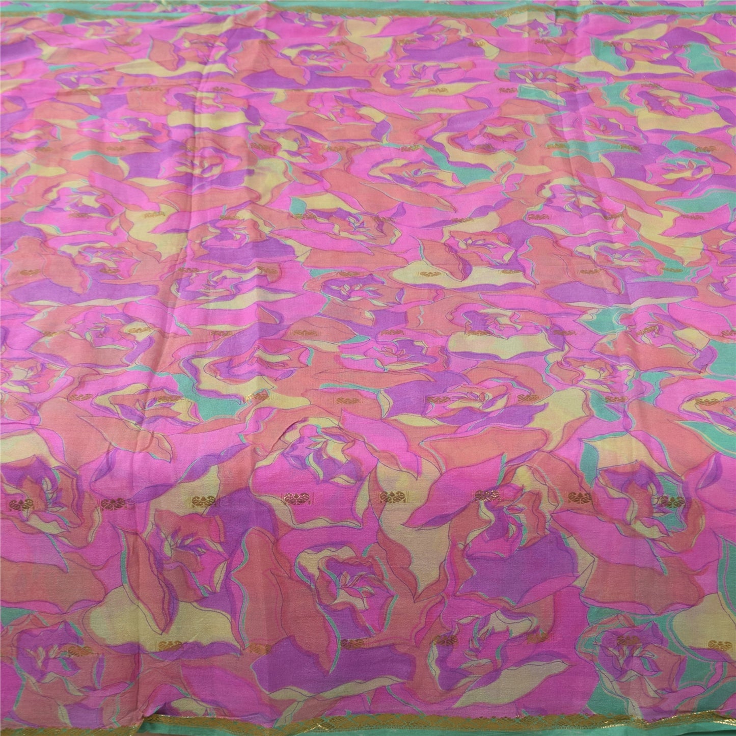 Sanskriti Vintage Sarees Pink Pure Chinon Silk Printed Woven Sari Craft Fabric