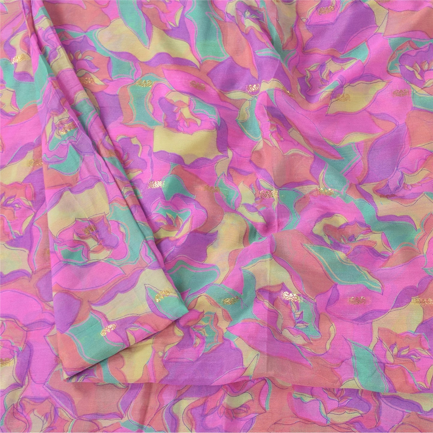 Sanskriti Vintage Sarees Pink Pure Chinon Silk Printed Woven Sari Craft Fabric