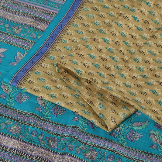 Sanskriti Vintage Sarees Green Indian Pure Silk Printed Sari 5+yd Craft Fabric