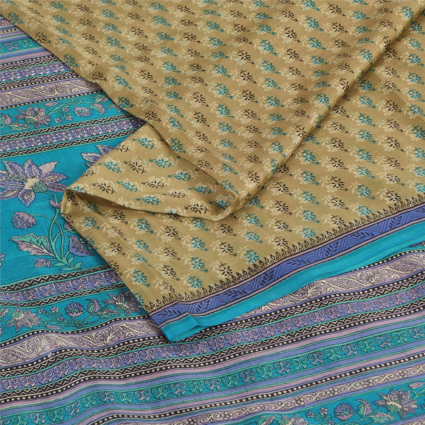 Sanskriti Vintage Sarees Green Indian Pure Silk Printed Sari 5+yd Craft Fabric