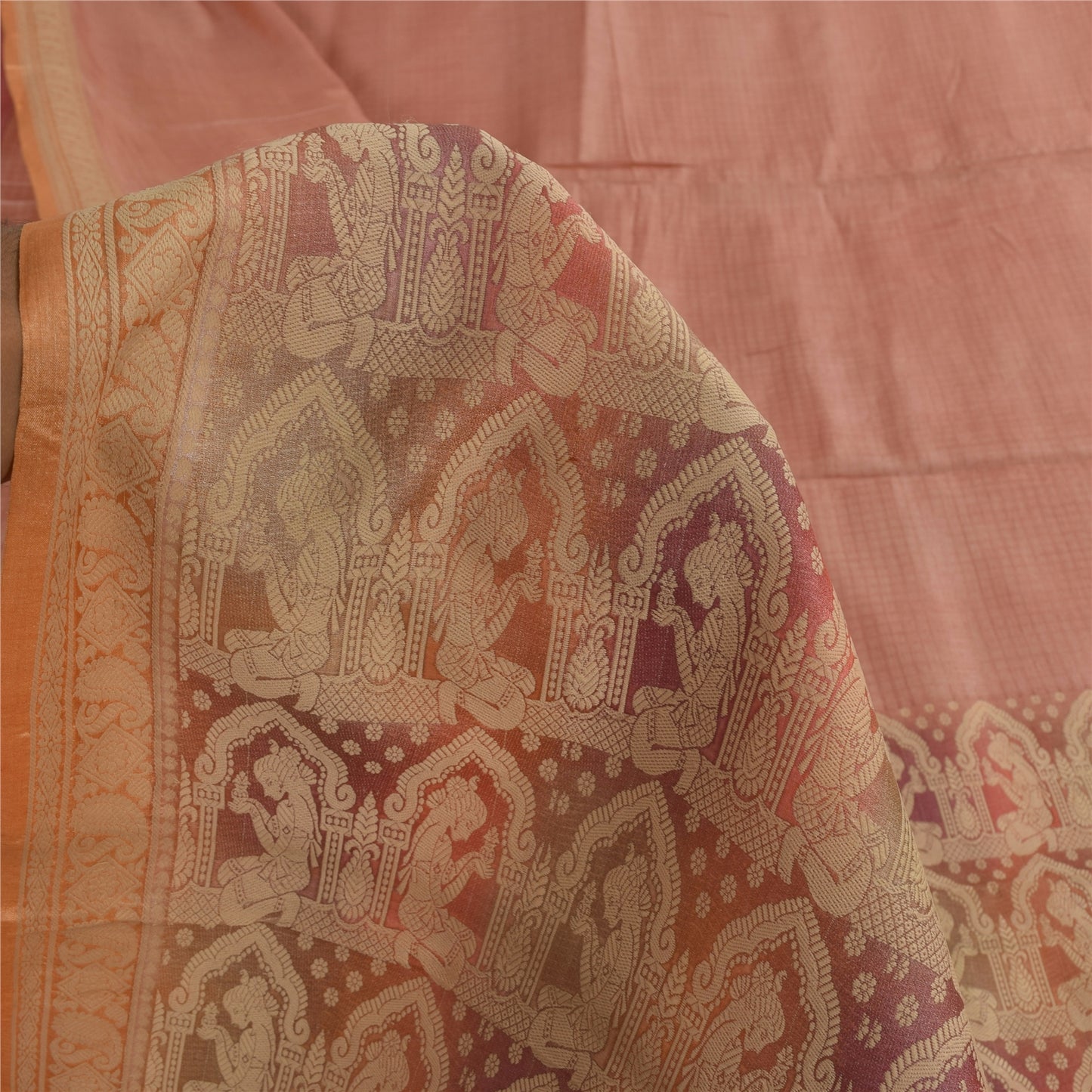 Sanskriti Vintage Sarees Pink Baluchari Woven Pure Silk Sari 5+yd Craft Fabric