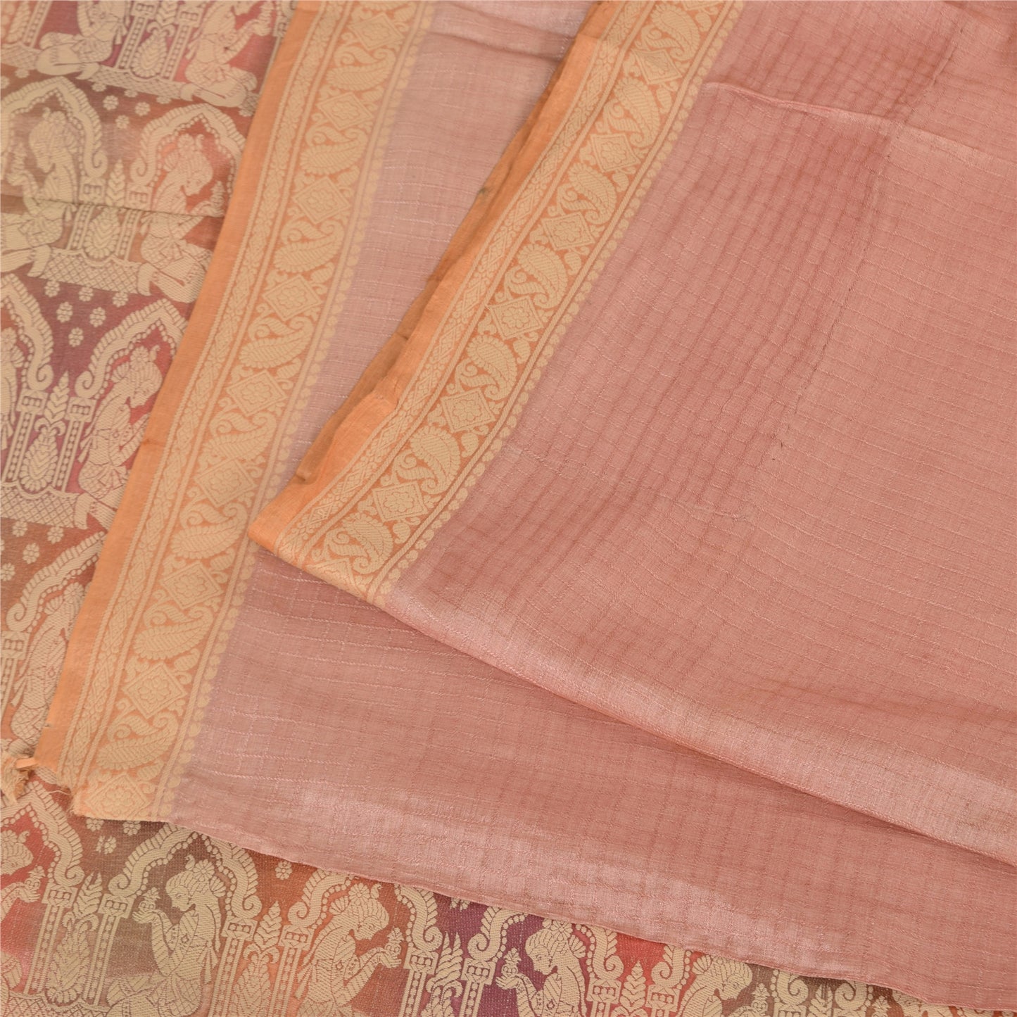 Sanskriti Vintage Sarees Pink Baluchari Woven Pure Silk Sari 5+yd Craft Fabric