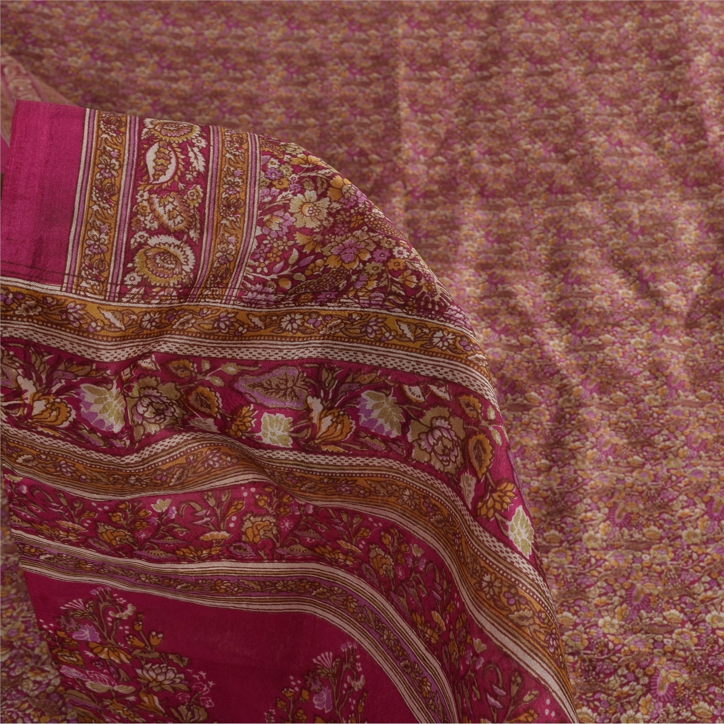 Sanskriti Vintage Sarees From India Pink Pure Silk Print Sari 5+yd Craft Fabric