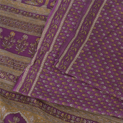 Sanskriti Vintage Sarees Purple 100% Pure Silk Printed Sari 5+yd Craft Fabric