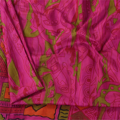 Sanskriti Vintage Sarees Hot-Pink 100% Pure Silk Printed Sari 6+yd Craft Fabric