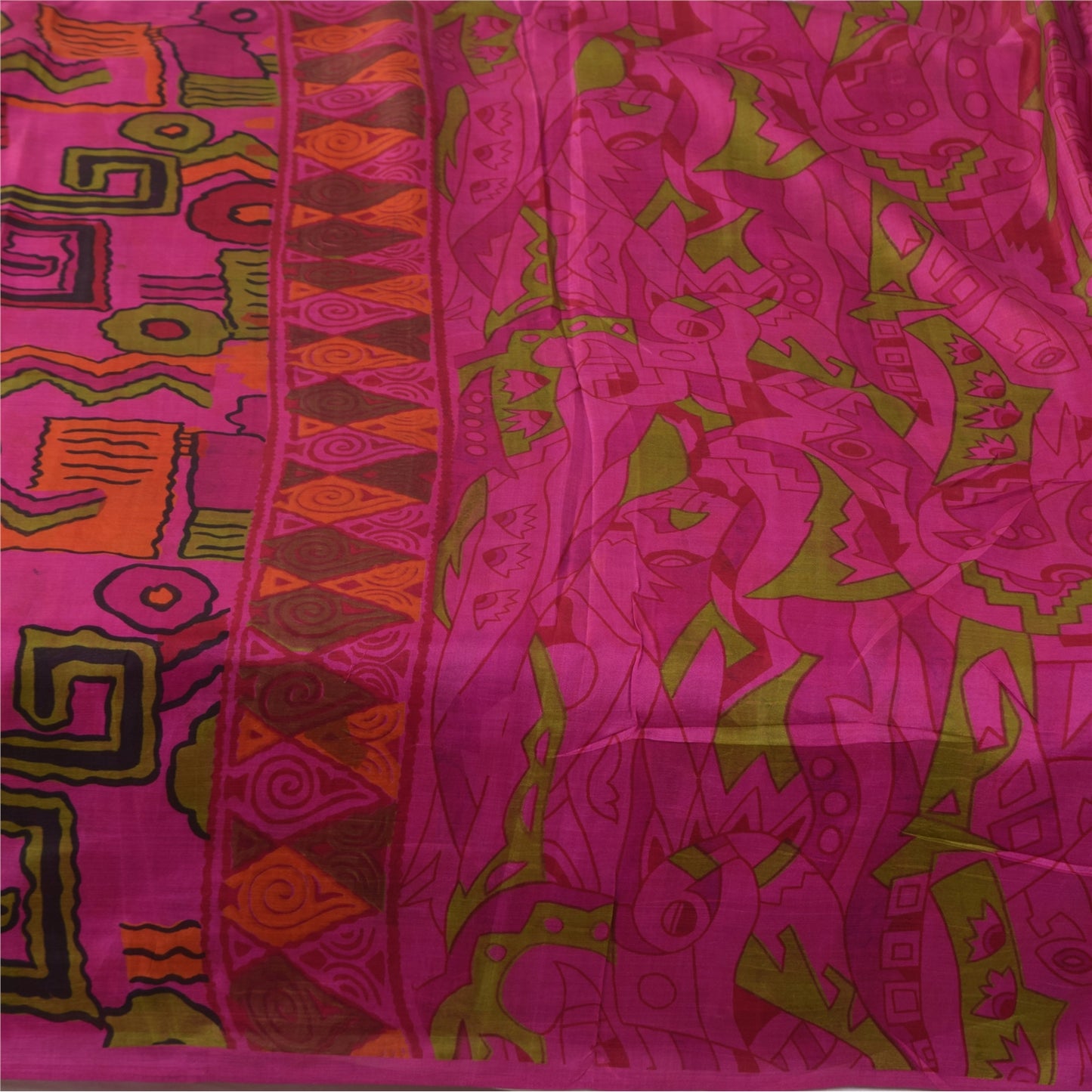 Sanskriti Vintage Sarees Hot-Pink 100% Pure Silk Printed Sari 6+yd Craft Fabric