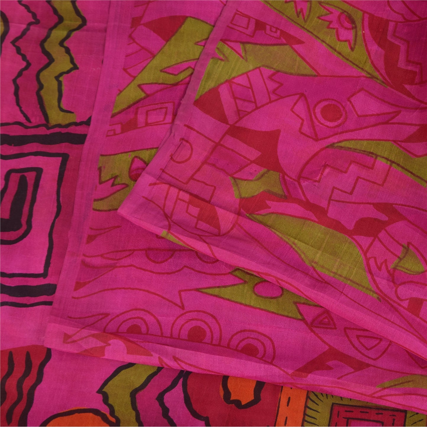 Sanskriti Vintage Sarees Hot-Pink 100% Pure Silk Printed Sari 6+yd Craft Fabric