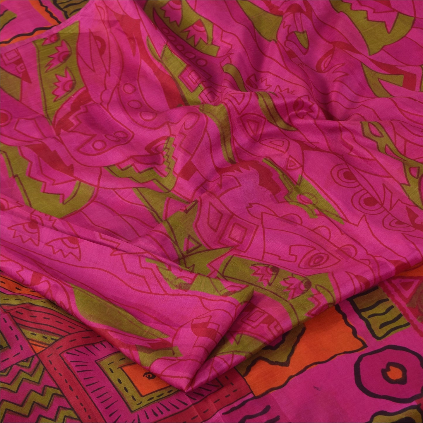 Sanskriti Vintage Sarees Hot-Pink 100% Pure Silk Printed Sari 6+yd Craft Fabric