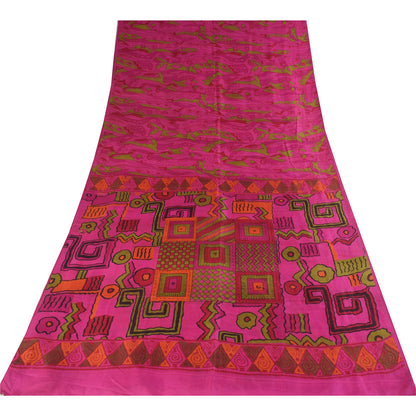 Sanskriti Vintage Sarees Hot-Pink 100% Pure Silk Printed Sari 6+yd Craft Fabric