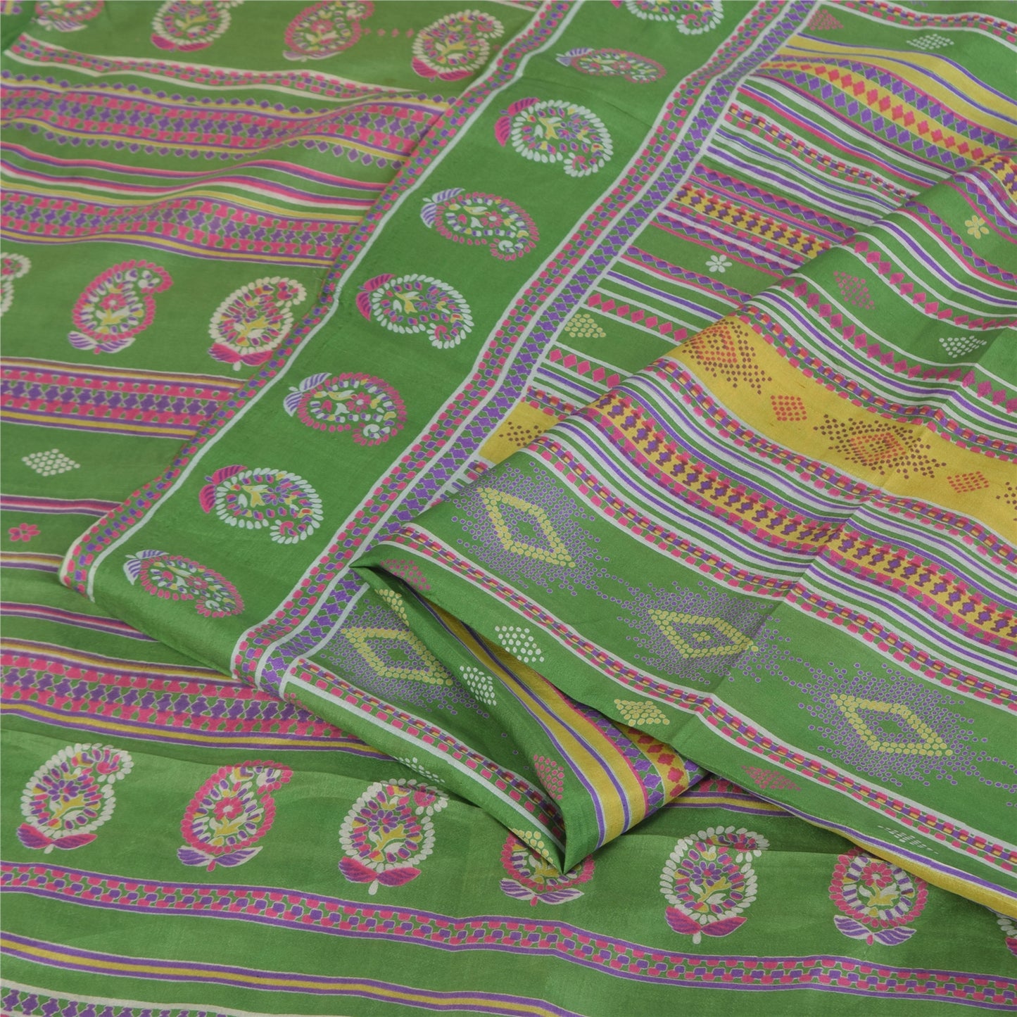 Sanskriti Vintage Sarees Green Indian Pure Silk Printed Sari 6+yd Craft Fabric