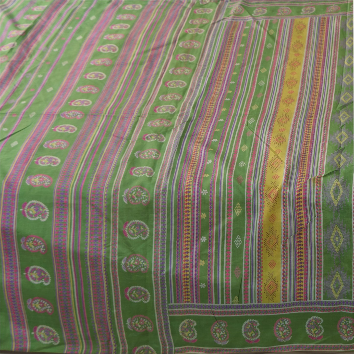 Sanskriti Vintage Sarees Green Indian Pure Silk Printed Sari 6+yd Craft Fabric