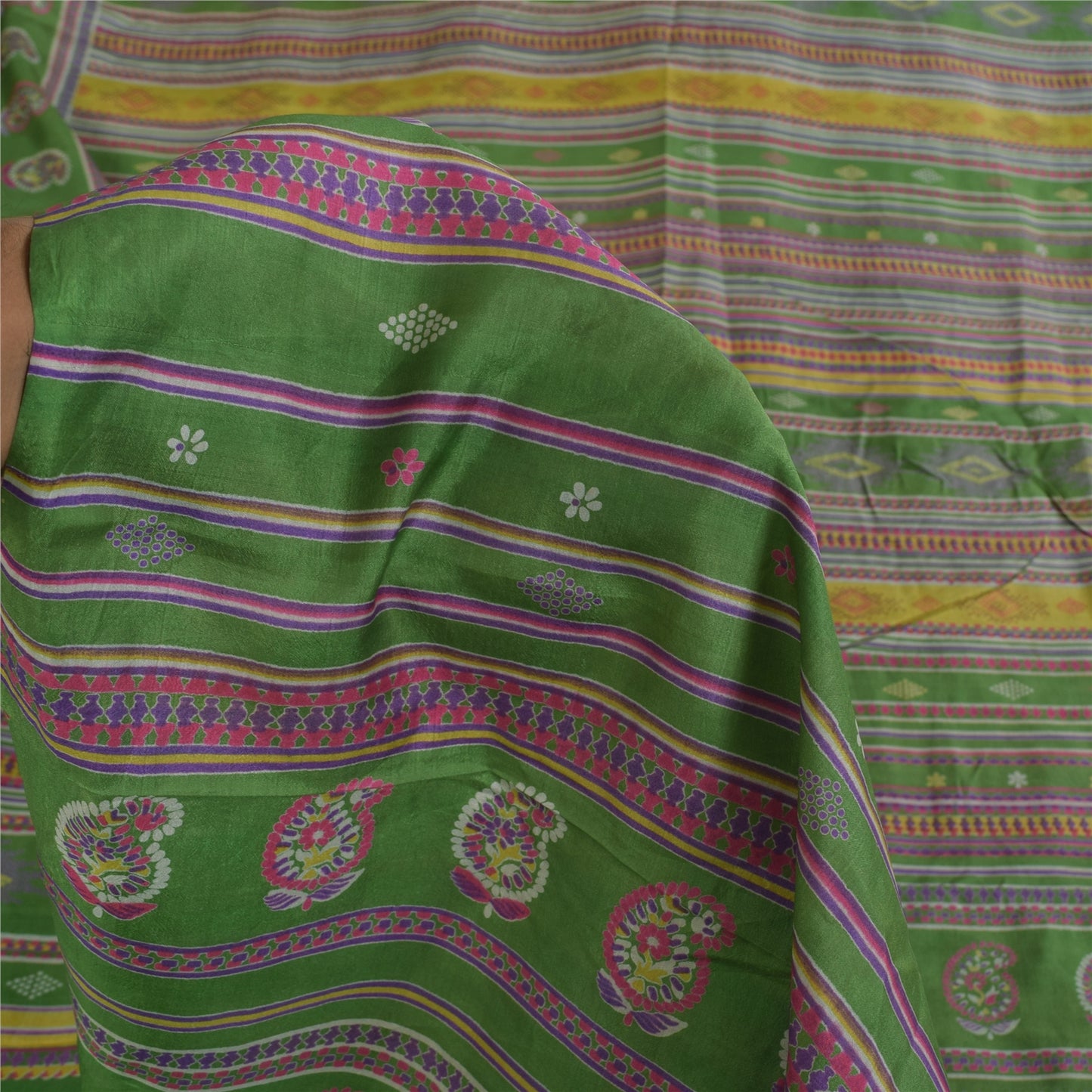 Sanskriti Vintage Sarees Green Indian Pure Silk Printed Sari 6+yd Craft Fabric