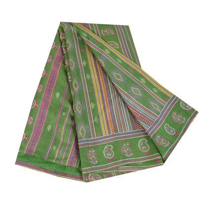 Sanskriti Vintage Sarees Green Indian Pure Silk Printed Sari 6+yd Craft Fabric