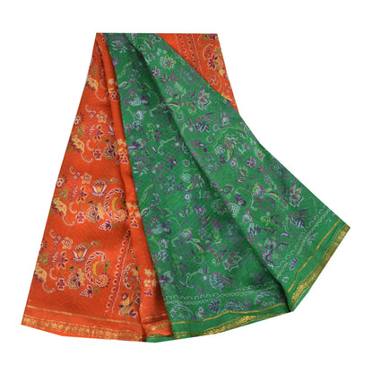 Sanskriti Vintage Sarees Green Zari Border Pure Silk Printed Sari 5+yd Fabric