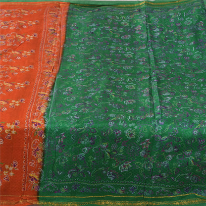 Sanskriti Vintage Sarees Green Zari Border Pure Silk Printed Sari 5+yd Fabric