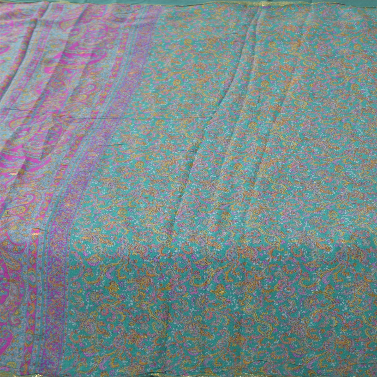 Sanskriti Vintage Sarees Blue Pure Chinon Silk Printed Woven Sari 5+yd Fabric