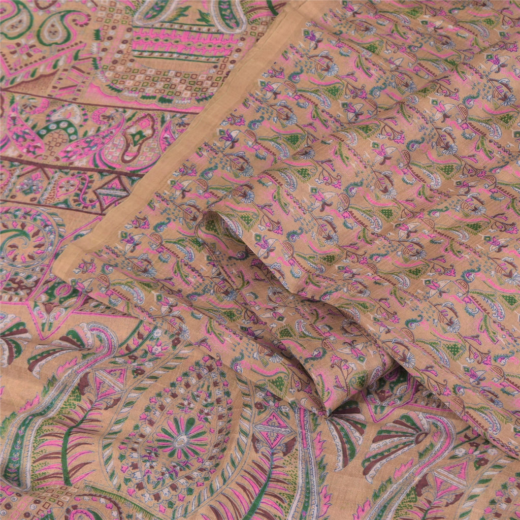 Sanskriti Vintage Sarees Brown 100% Pure Silk Printed Sari 5+yd Craft Fabric