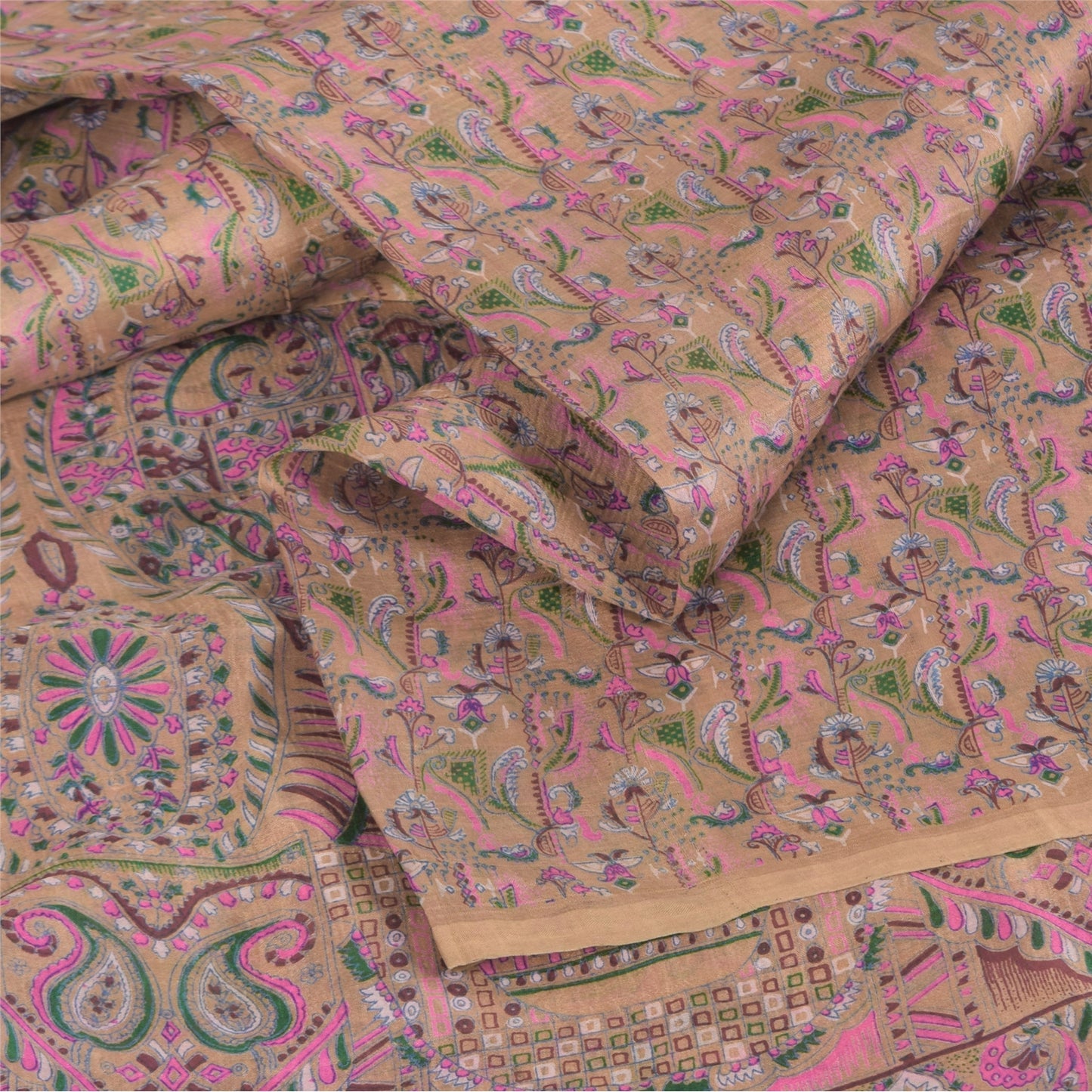 Sanskriti Vintage Sarees Brown 100% Pure Silk Printed Sari 5+yd Craft Fabric