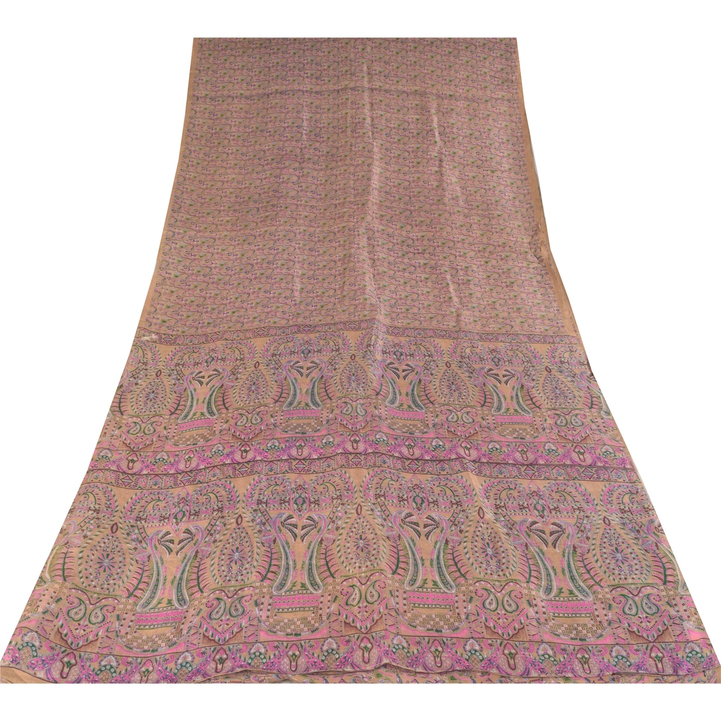 Sanskriti Vintage Sarees Brown 100% Pure Silk Printed Sari 5+yd Craft Fabric