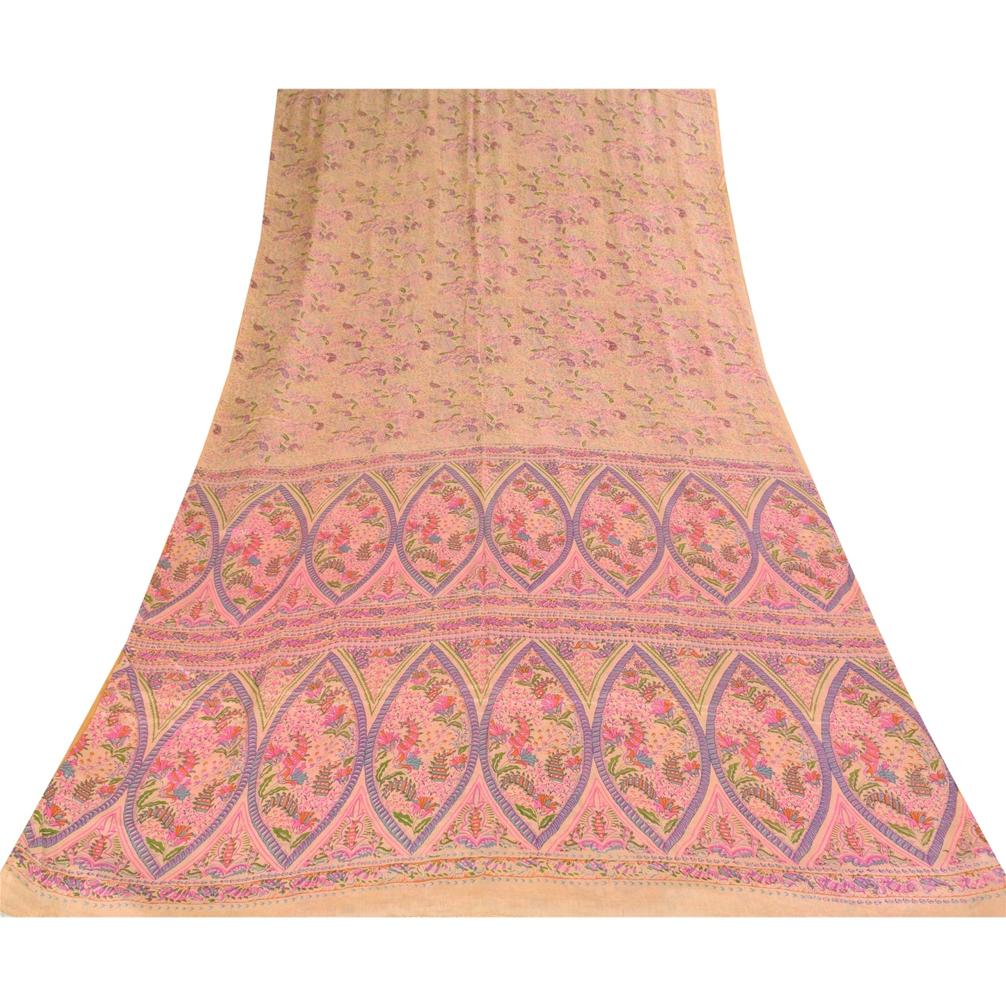 Sanskriti Vintage Sarees Peach 100% Pure Silk Printed Sari 6+yd Craft Fabric