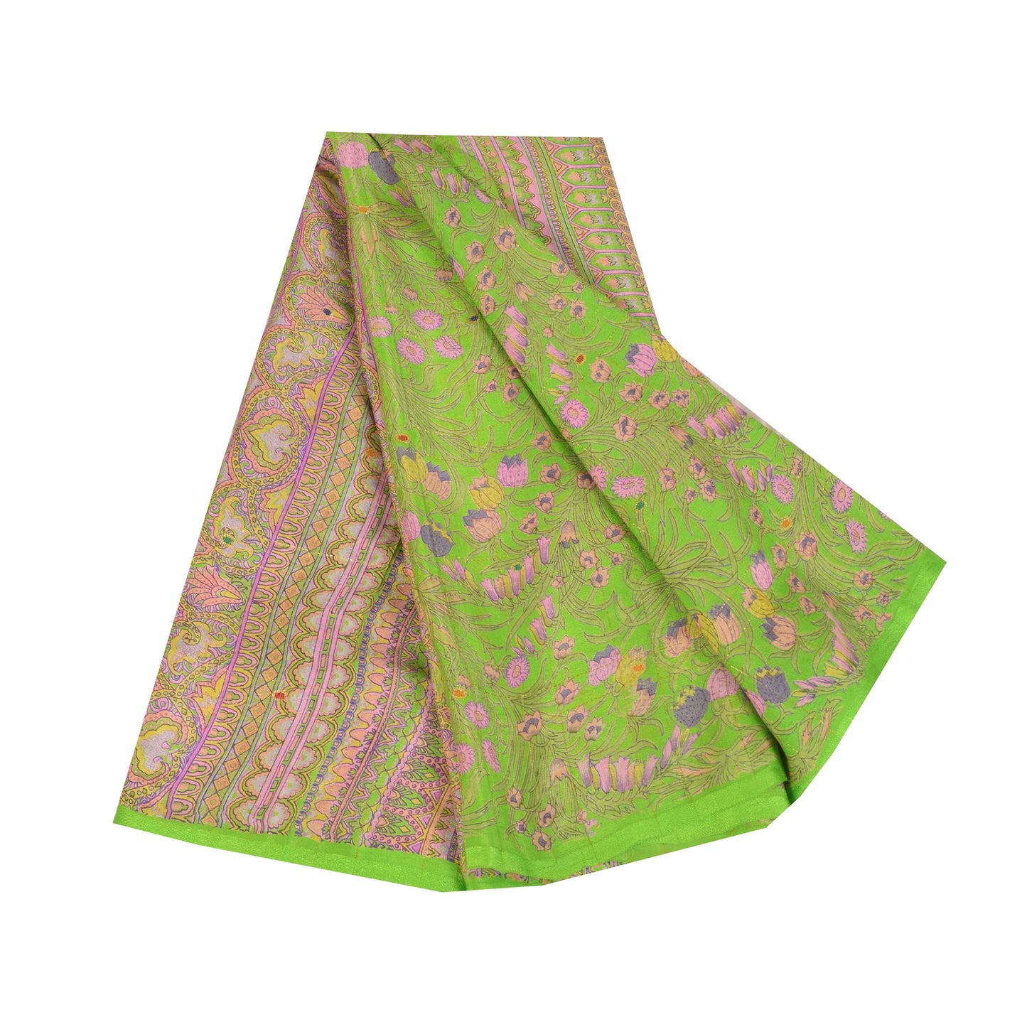 Sanskriti Vintage Sarees Green Pure Silk Printed Woven Sari 5+yd Craft Fabric