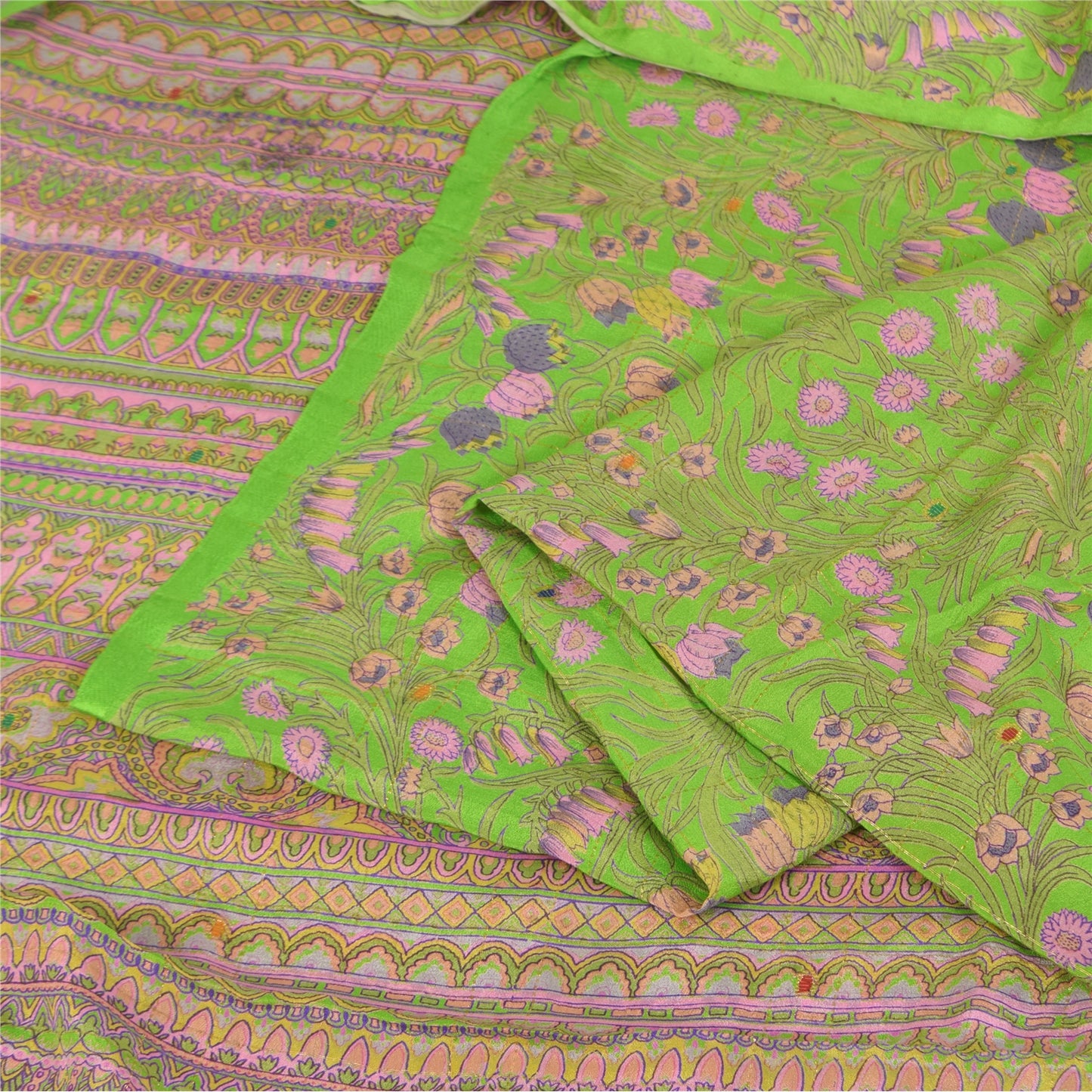 Sanskriti Vintage Sarees Green Pure Silk Printed Woven Sari 5+yd Craft Fabric