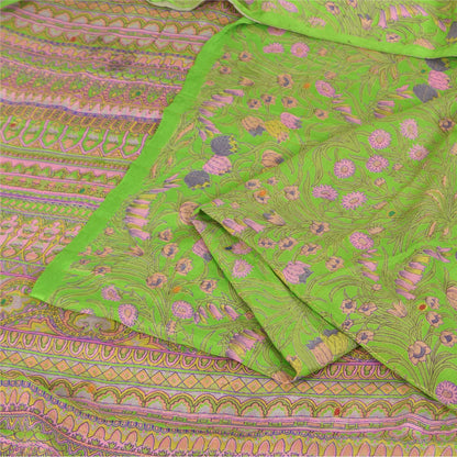 Sanskriti Vintage Sarees Green Pure Silk Printed Woven Sari 5+yd Craft Fabric